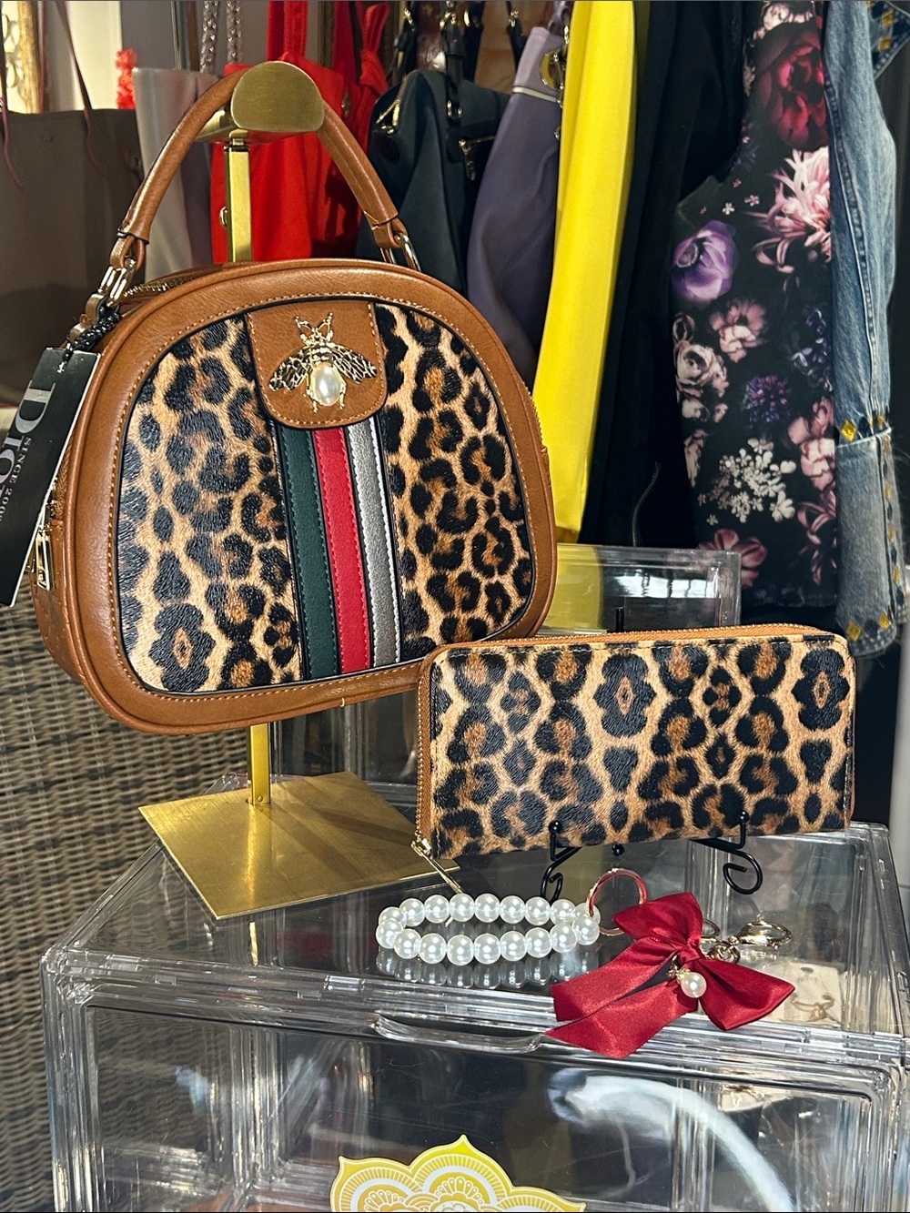 Diophy Vegan Leopard Print Dome Satchel & Zip Around Wallet & 2 Purse Charms NWT